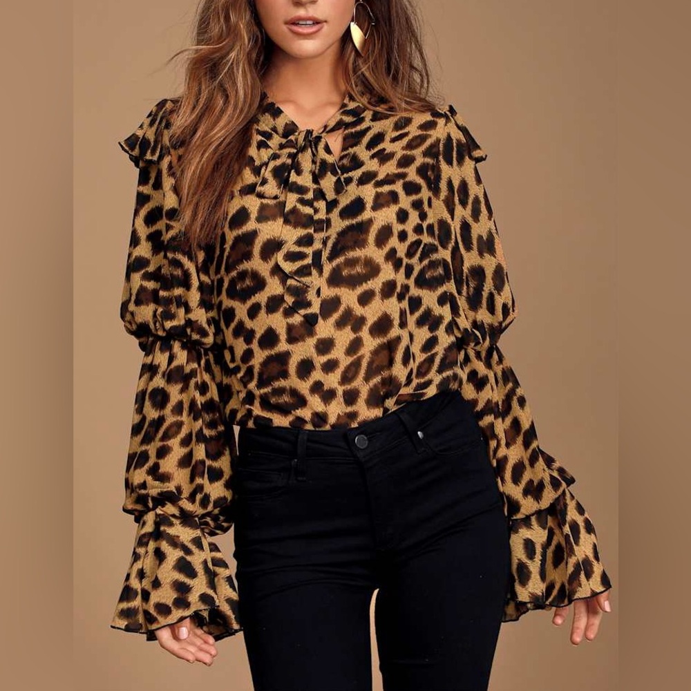INA Yellow and Black Cheetah Button Up Blouse Size Large NWT